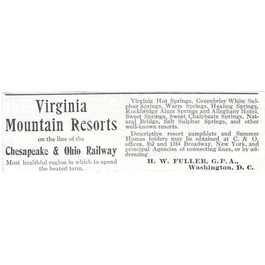 Virginia Mountain Resorts C&O RR H.W. Fuller 1918 Original Advertisement AE5-SV3