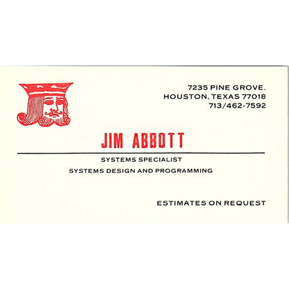 Jim Abbott Systems Specialist Programming Houston Vintage Business Card SD9-B2