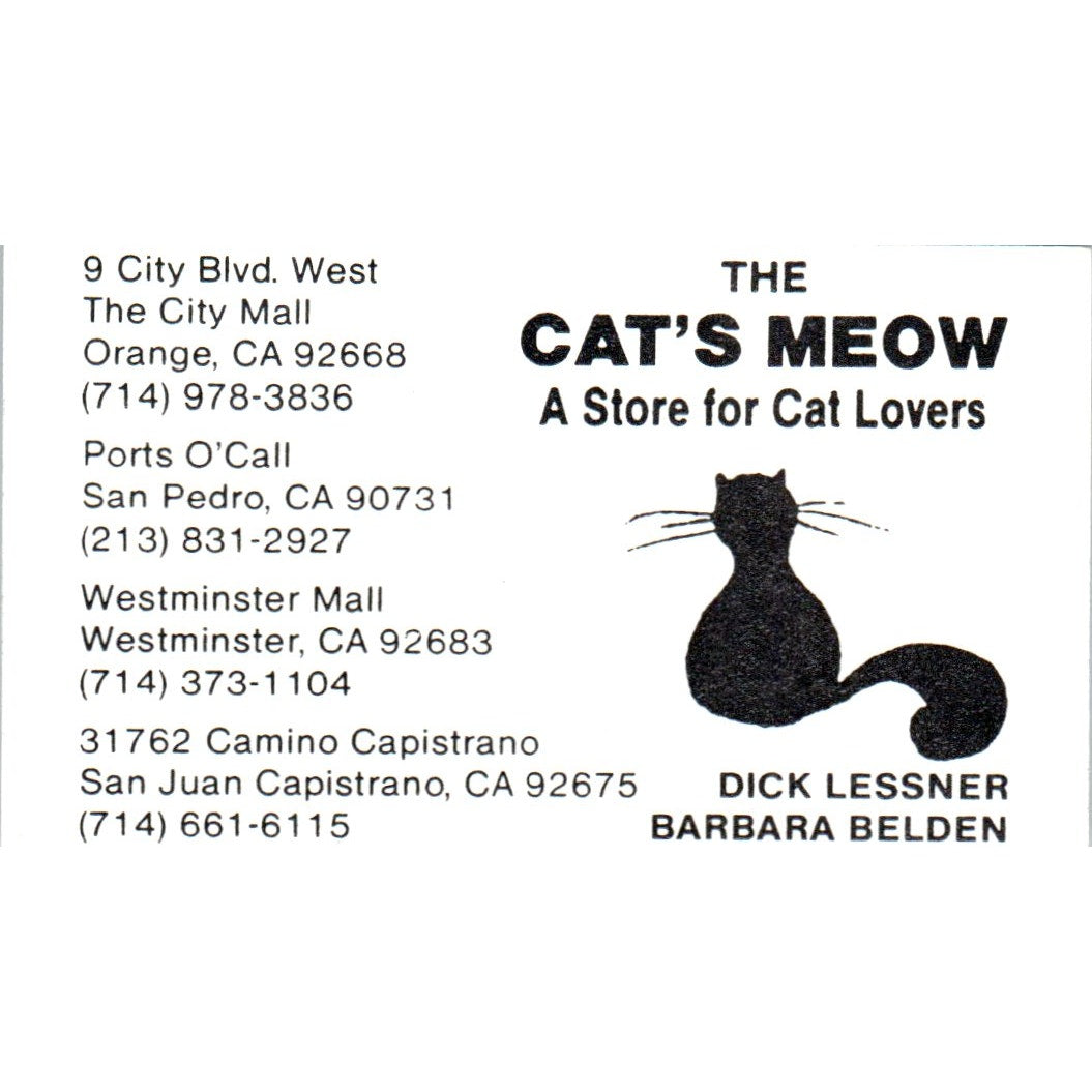 The Cat's Meow Store Dick Lessner Barbara Belden Orange CA Business Card SD8-B19