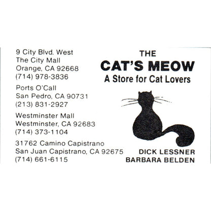 The Cat's Meow Store Dick Lessner Barbara Belden Orange CA Business Card SD8-B19