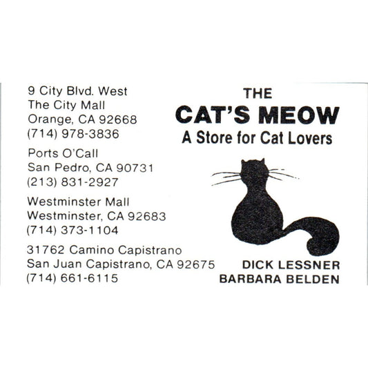 The Cat's Meow Store Dick Lessner Barbara Belden Orange CA Business Card SD8-B19