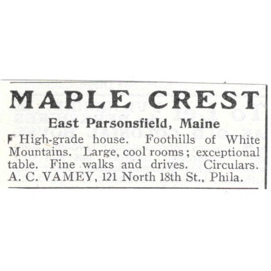 Maple Crest Home East Parsonsfield ME A.C. Vamey 1903 Ad AG3-S13