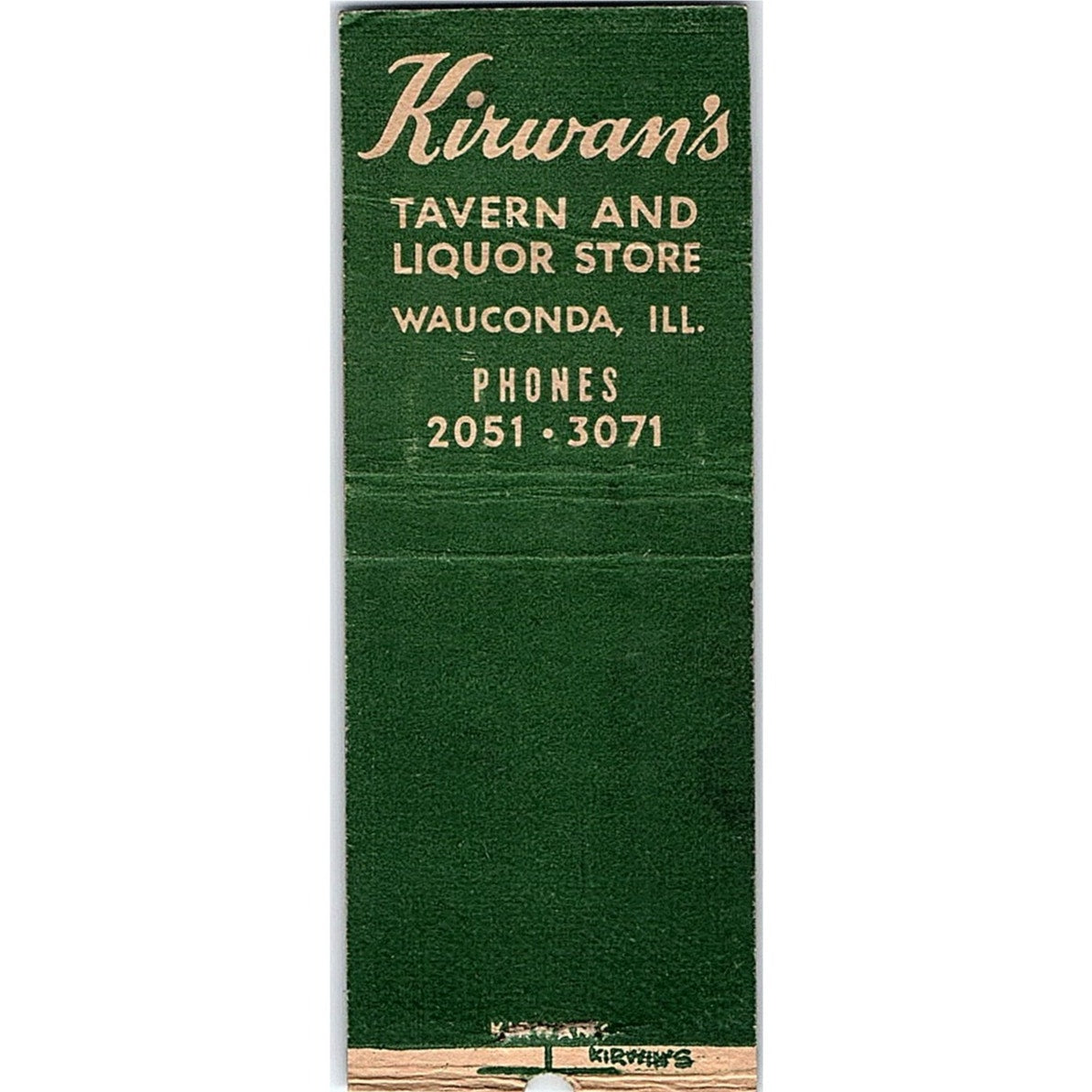 Kirwan's Tavern Wauconda IL Vintage Matchbook Cover SC7-Y4