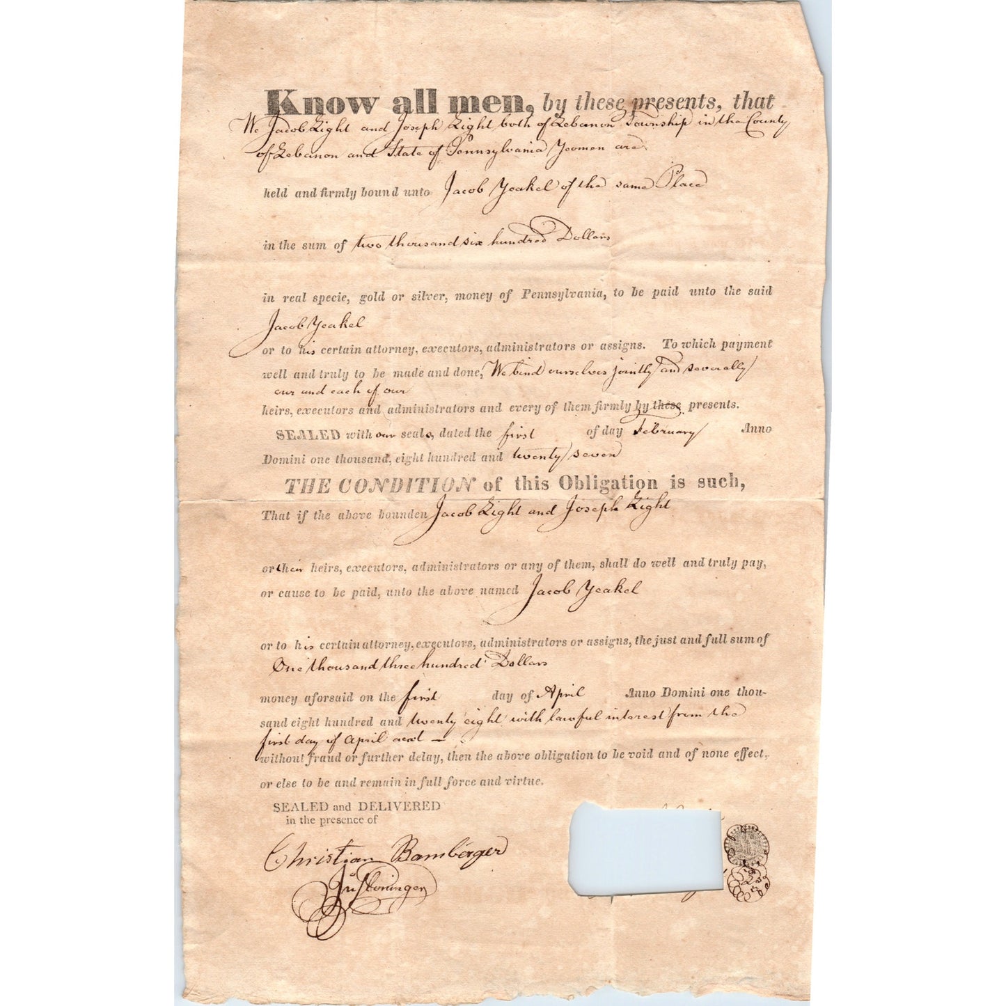 1821 Lebanon Township PA Bond Agreement Jacob, Joseph Light & Jacob Yoakel D21