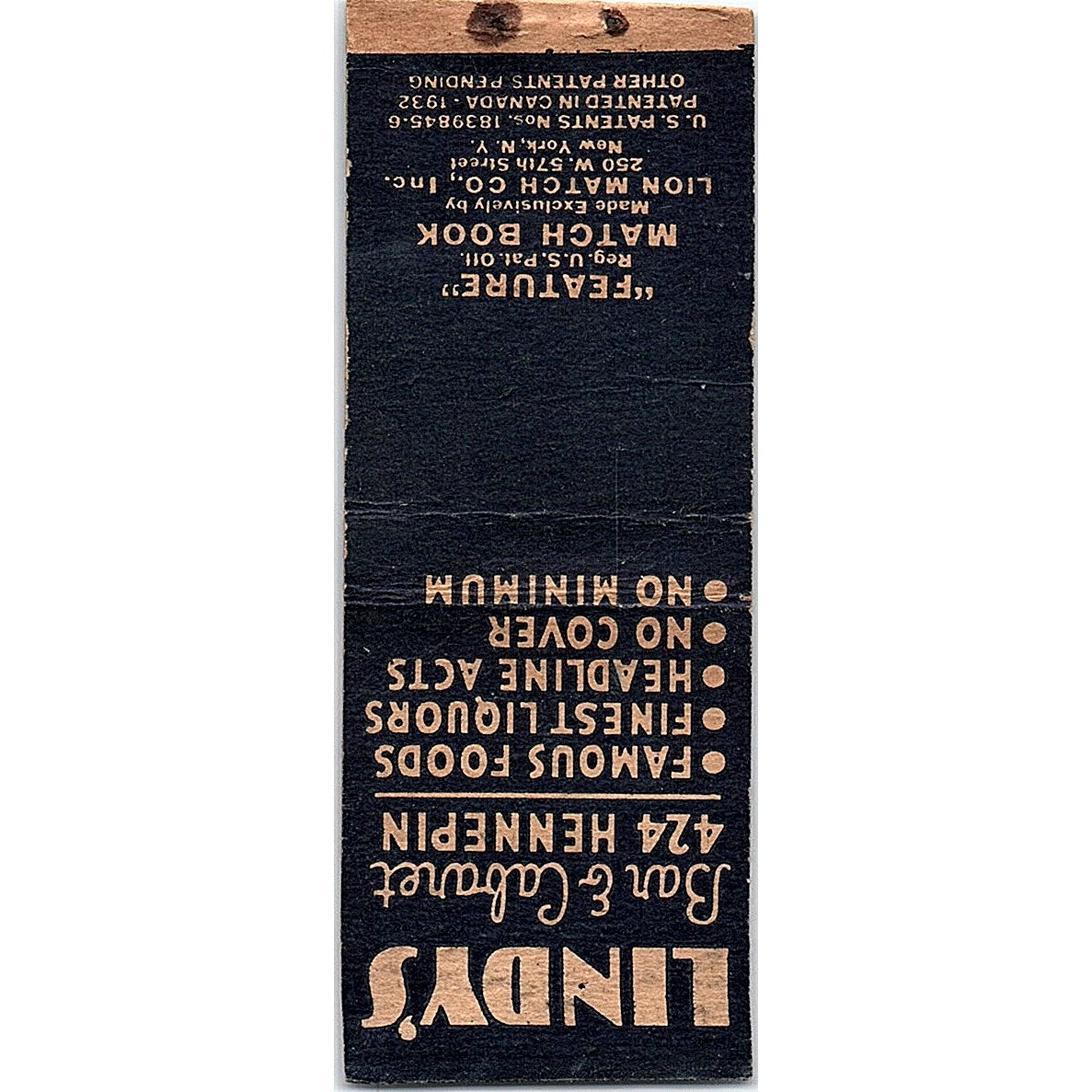 Lindy's Bar & Cabaret 424 Hennepin Minneapolis MN Vintage Matchbook Cover SC7-Y4