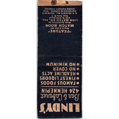 Lindy's Bar & Cabaret 424 Hennepin Minneapolis MN Vintage Matchbook Cover SC7-Y4