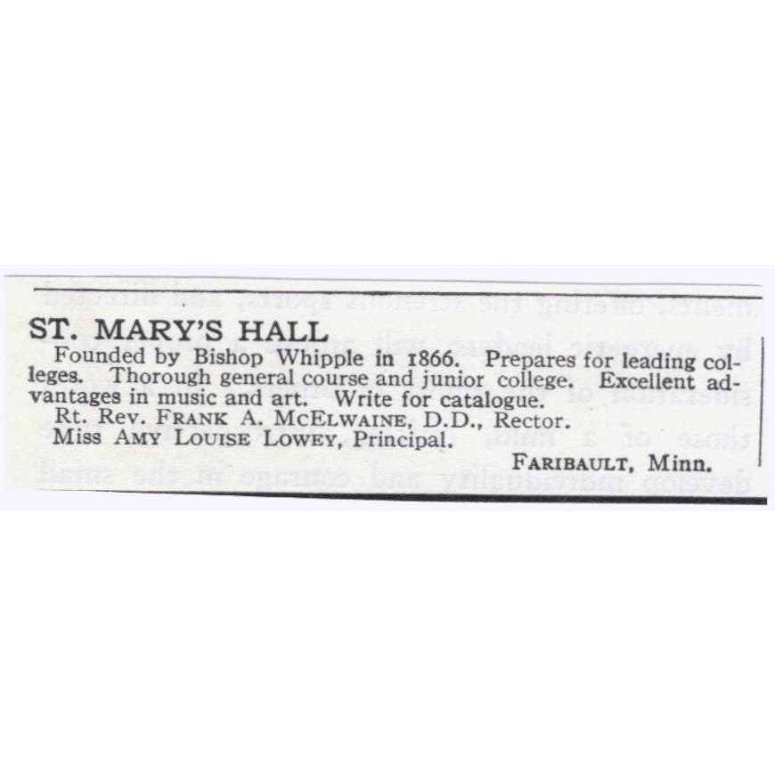 St. Mary's Hall Any Louise Lowey Faribault MN c1918 Advertisement AE5-SA4