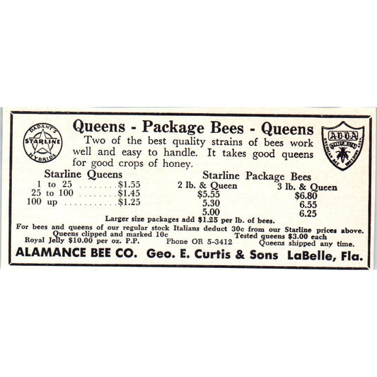 Queens Alamance Bee Co Geo. E. Curtis & Sons LaBelle FL 1964 Magazine Ad AB6-LB