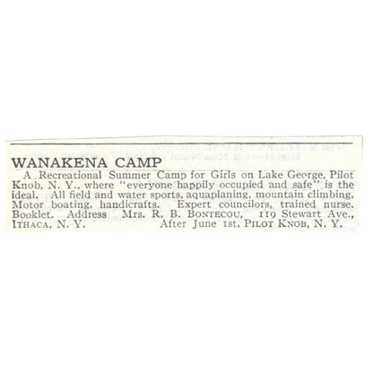 Wanakena Camp Lake George Pilot Knob NY R.B Bontecou c1918 Advertisement AE5-SA4
