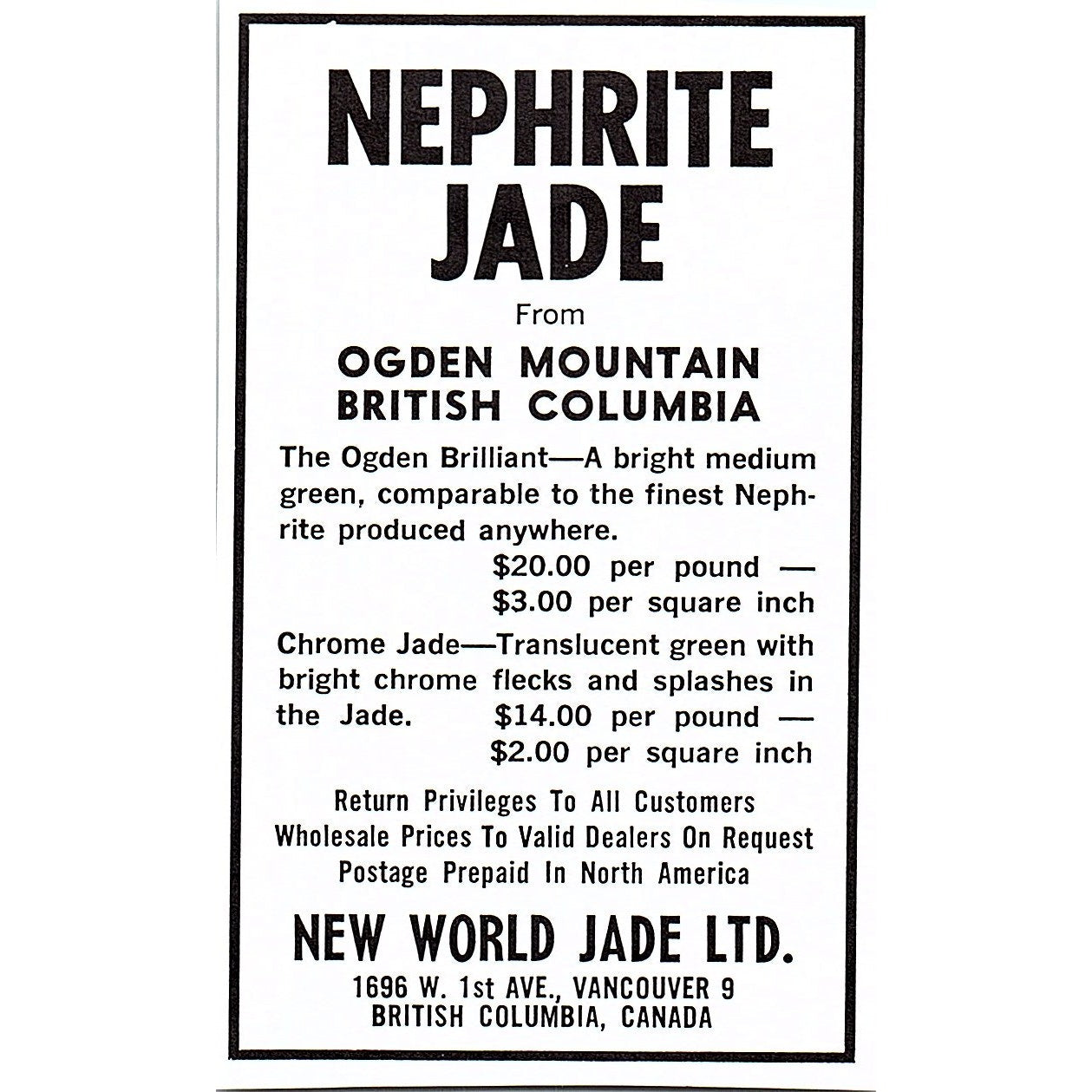 New World Jade Ltd Nephrite Vancouver British Columbia 1972 Ad AF8-M2