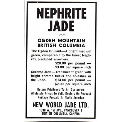 New World Jade Ltd Nephrite Vancouver British Columbia 1972 Ad AF8-M2