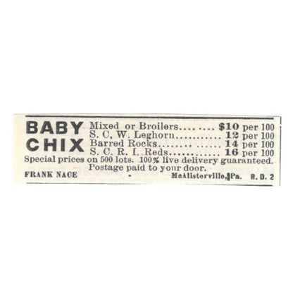 Frank Nace Baby Chicks McAlisterville PA 1924 Ad AG3-S5