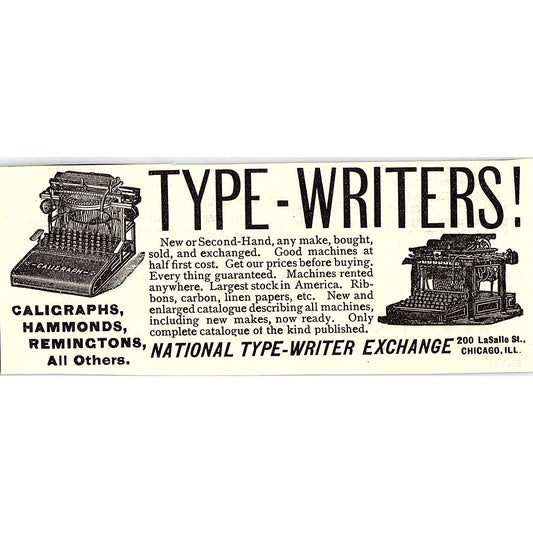 National Typewriter Exchange Caligraph Hammond Remington Chicago 1892 Ad AG2-H5