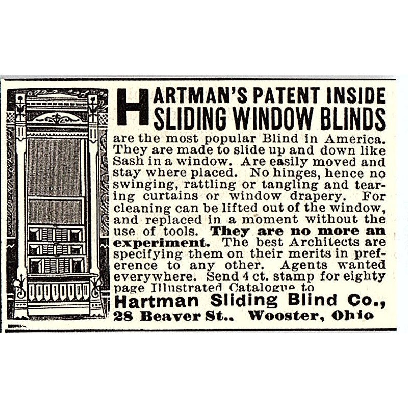 Hartman's Patent Inside Sliding Window Blinds Wooster OH 1892 Ad AG2-S26