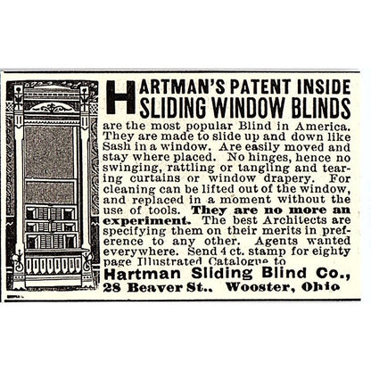 Hartman's Patent Inside Sliding Window Blinds Wooster OH 1892 Ad AG2-S26