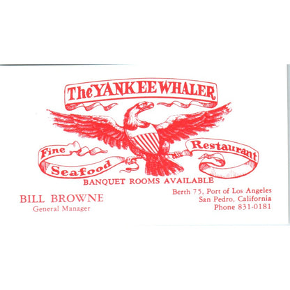 The Yankee Whale Restaurant Bill Browne San Pedro Vintage Business Card SD8-B7