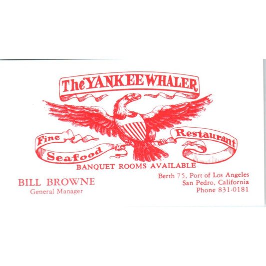 The Yankee Whale Restaurant Bill Browne San Pedro Vintage Business Card SD8-B7