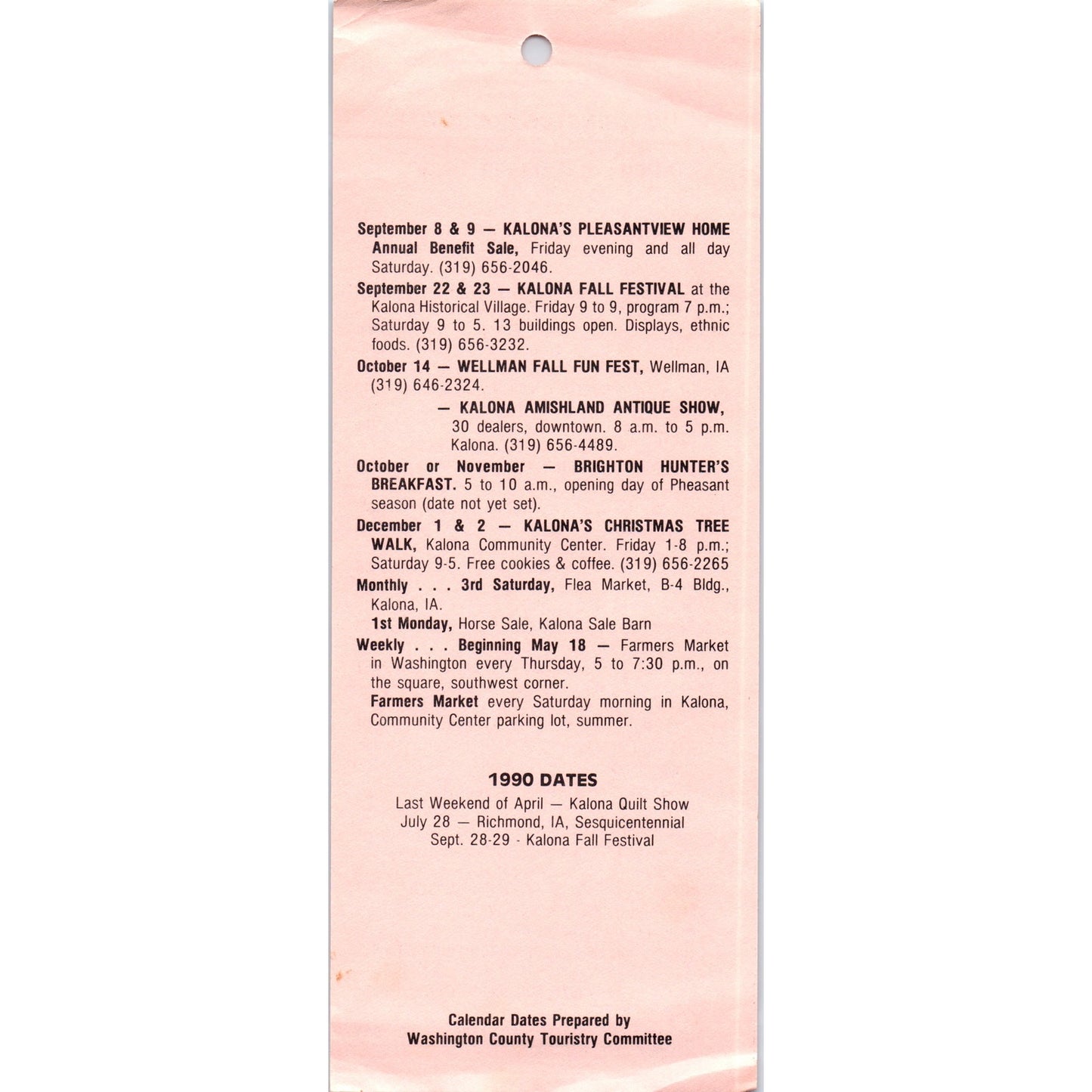 1989 Washington County Iowa Calendar of Events Travel Tourist Leaflet TF4-B2