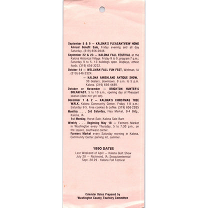 1989 Washington County Iowa Calendar of Events Travel Tourist Leaflet TF4-B2