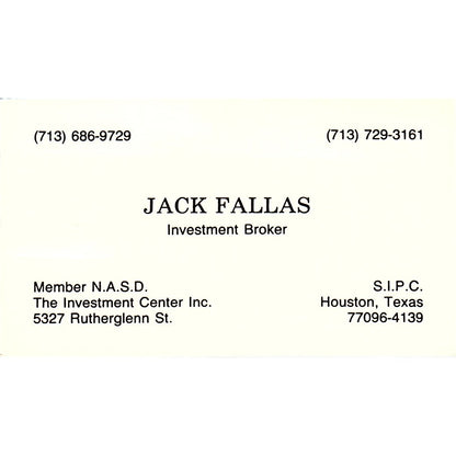 Jack Fallas Broker N.A.S.D. Houston Vintage Business Card SD9-B7
