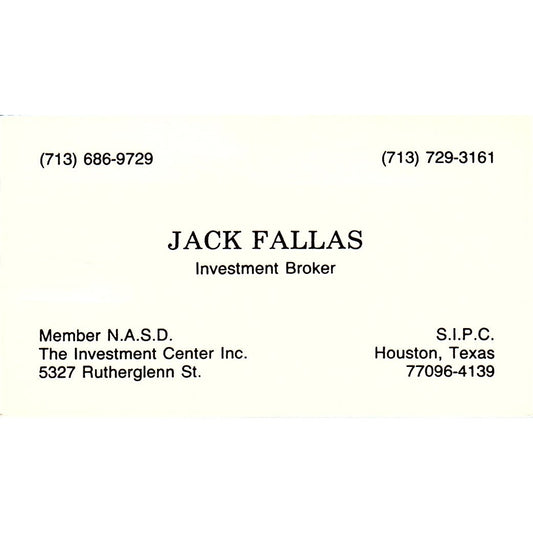 Jack Fallas Broker N.A.S.D. Houston Vintage Business Card SD9-B7