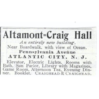 Altamont-Craig Hall Atlantic City NJ c1918 Original Advertisement AE5-SV4