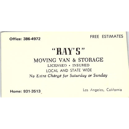 Ray's Moving Van & Storage Los Angeles CA Vintage Business Card SB4-B6