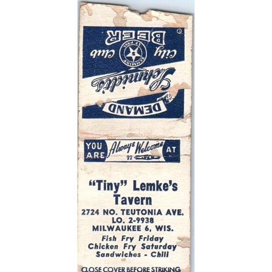 Tiny Lemke's Tavern Milwaukee WI Vintage Matchbook Cover SD4-Y16