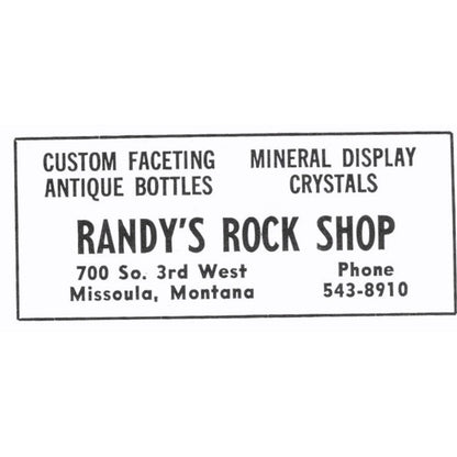 Randy's Rock Shop Mineral Display Crystals Missoula Montana 1972 Ad AF8-S4