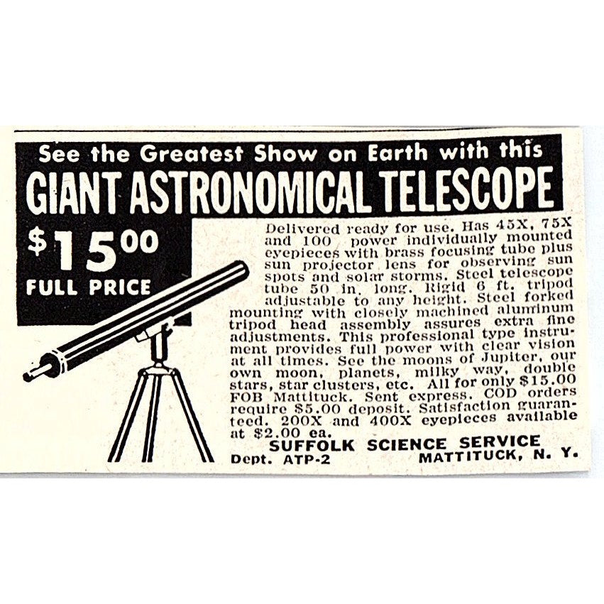 Suffolk Science Service Giant Astronomical Telescope Mattituck NY 1955 Ad AF9-S2