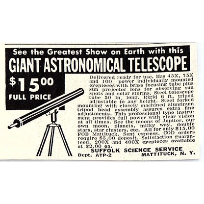 Suffolk Science Service Giant Astronomical Telescope Mattituck NY 1955 Ad AF9-S2