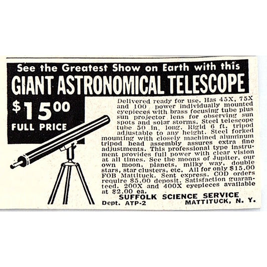 Suffolk Science Service Giant Astronomical Telescope Mattituck NY 1955 Ad AF9-S2