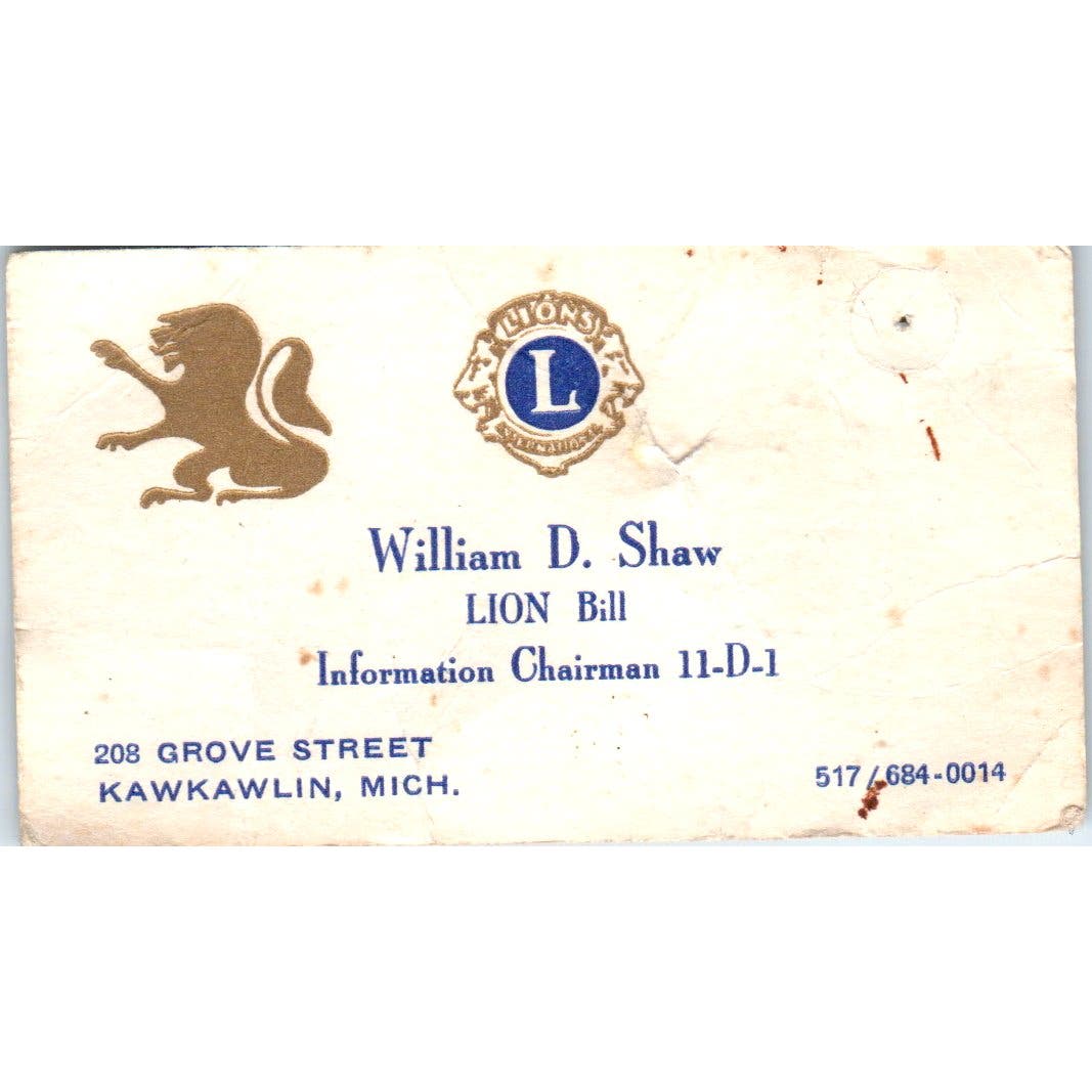 William D.  Shaw Lion Bill Kawkawlin MI Lions Club Vintage Business Card AF1
