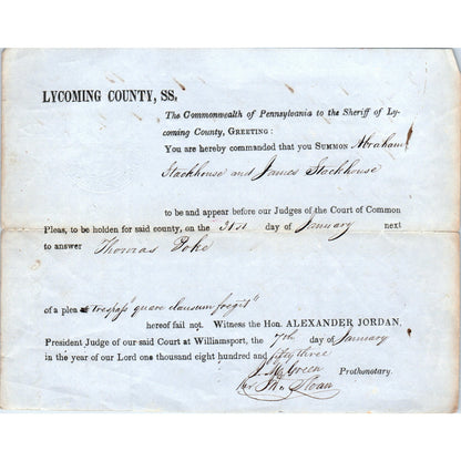 1853 Lycoming County Williamsport Court Summons Hon Alexander Jordan AD8-R7