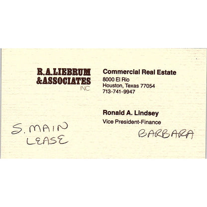 Ronald A Lindsey R.A. Liebrum & Associates Houston Vintage Business Card SE3-B14