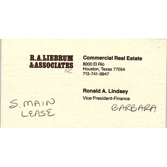 Ronald A Lindsey R.A. Liebrum & Associates Houston Vintage Business Card SE3-B14