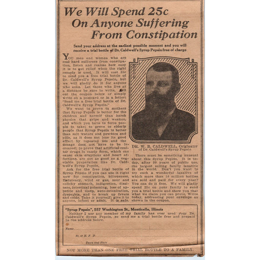 Dr. W.B. Caldwell's Syrup Pepsin Monticello IL 1923 Magazine Ad Clip AE1-1