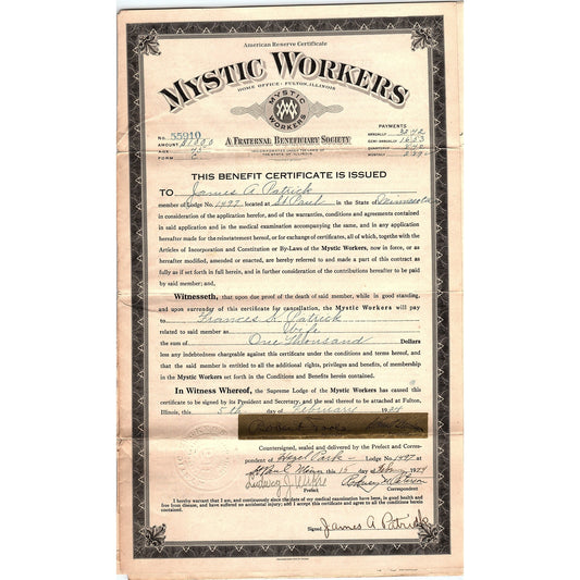 1924 Mystic Workers Lodge 1497 Benefit Cert James A Patrick St. Paul TH2-OP5