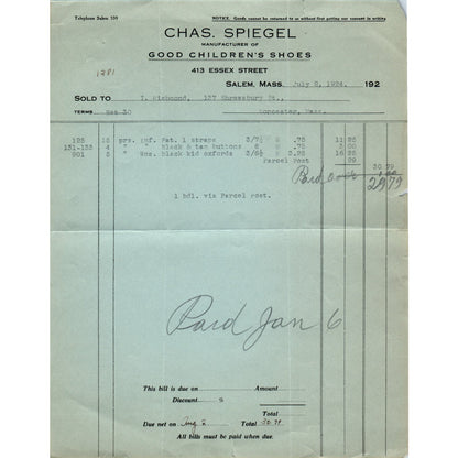 Chas. Spiegel Shoes Salem MA 1924 Original Billhead Letterhead Receipt D8