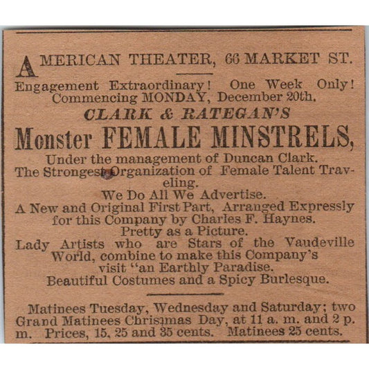 Clark & Rategan's Monster Female Minstrels 1886 Hartford CT Victorian Ad AB8-HT1