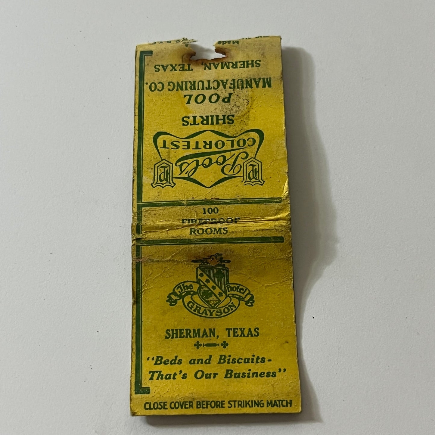 Grayson Hotel Sherman TX Pool Mfg Co Colortest Shirts Vtg Matchbook TB6-MB2-11