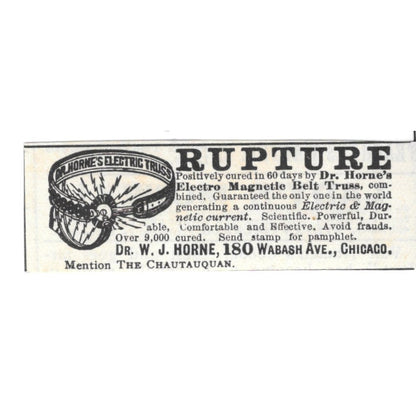 Dr. W. J. Horne Electro Magnetic Belt Truss For Rupture Chicago 1892 Ad AG2-S19