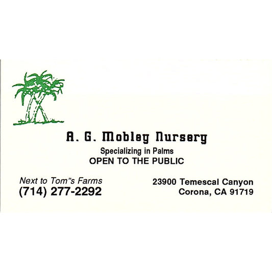 A.G. Mobley Nursery Corona CA Vintage Business Card SC9-B8