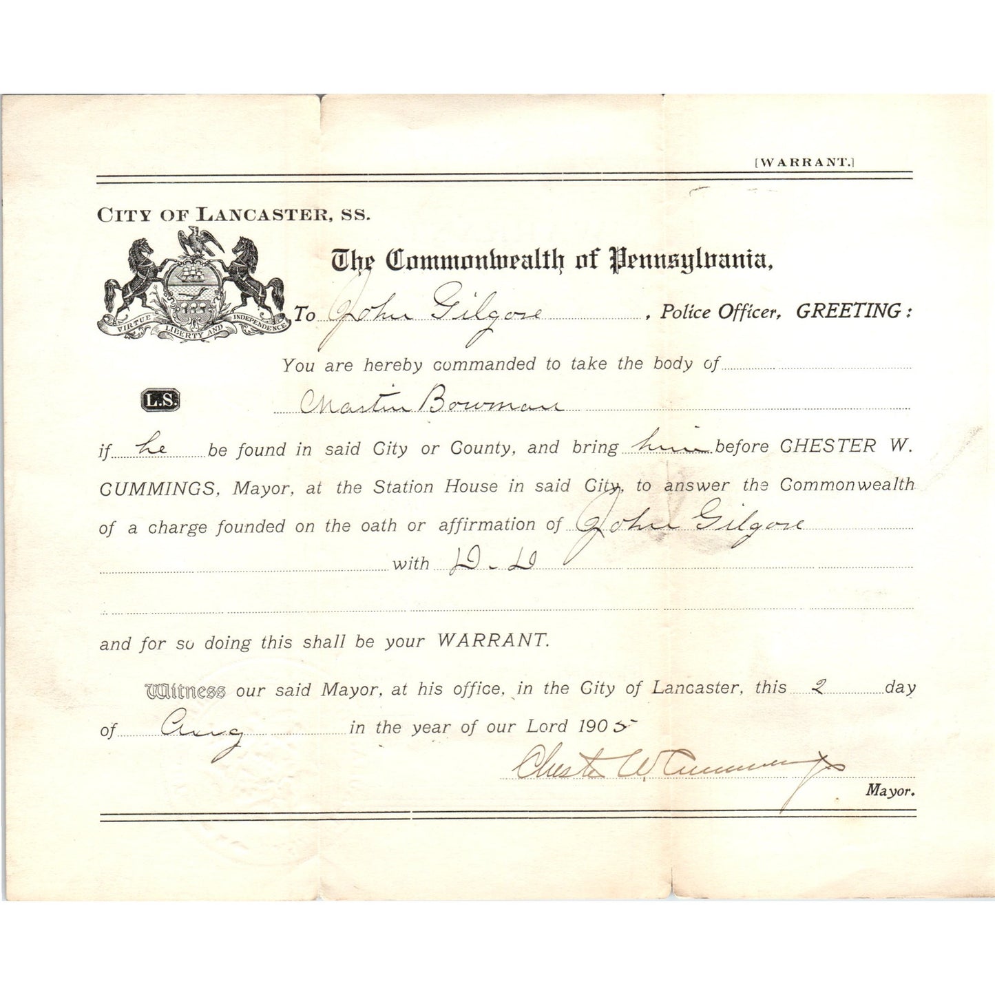 1905 Official Warrant Chastin Bowman Chester W. Cummings Lancaster PA D21