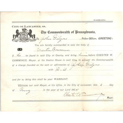 1905 Official Warrant Chastin Bowman Chester W. Cummings Lancaster PA D21