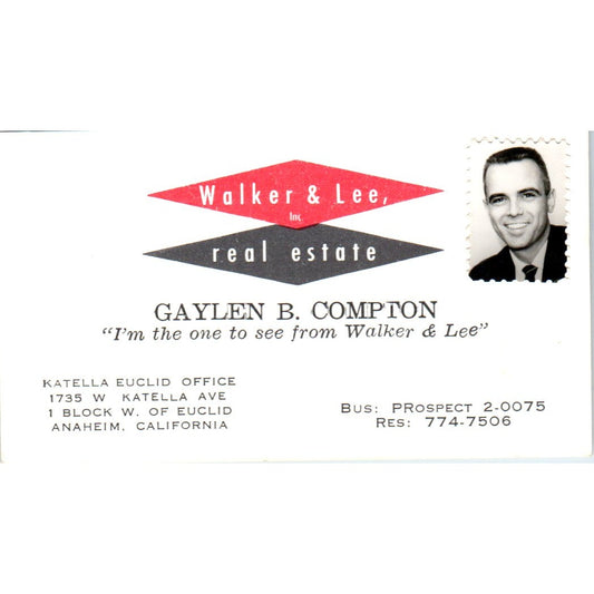 Gaylen B. Compton Walker & Lee Real Estate Anaheim Vintage Business Card SD4-B5