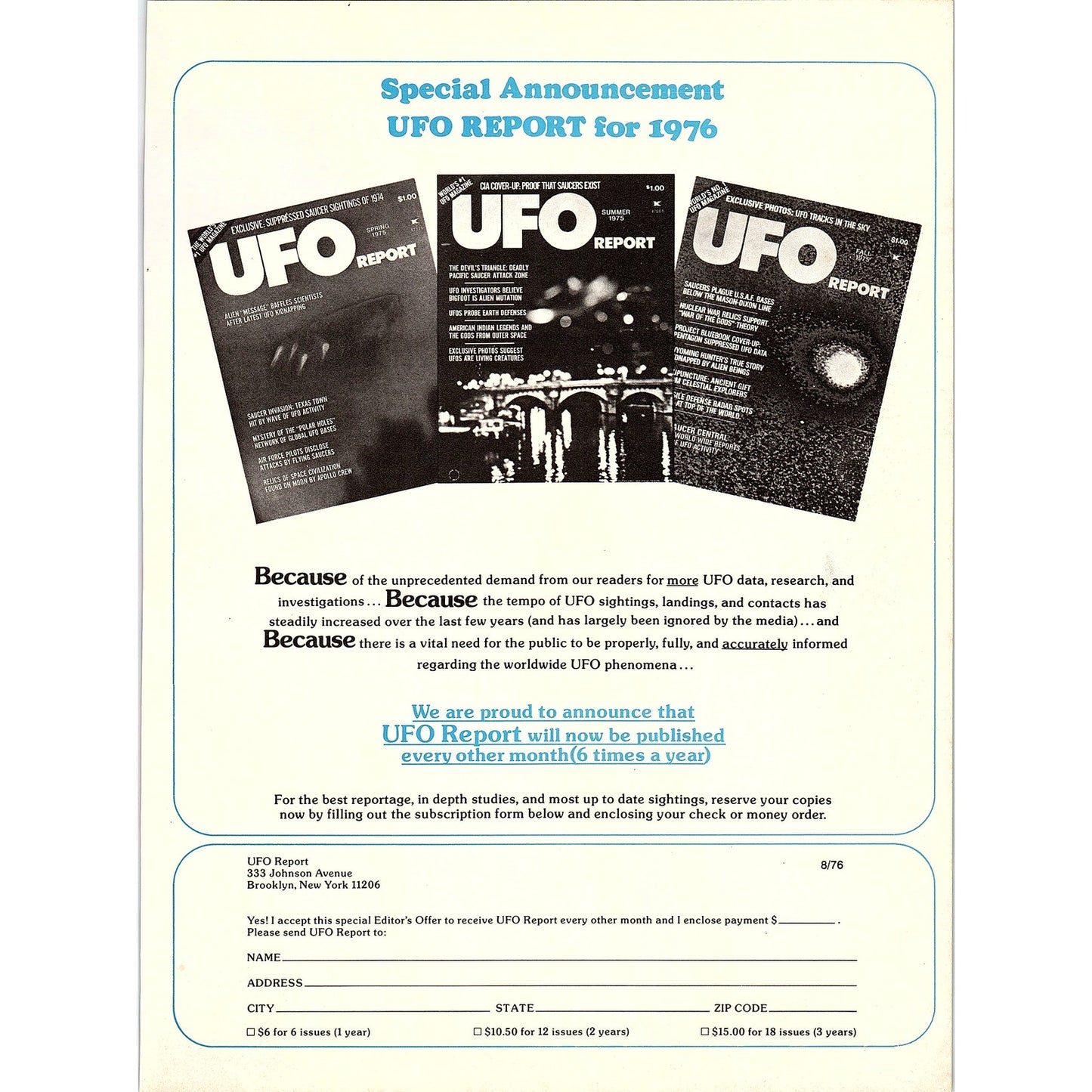UFO Report for 1976 Order Blank 1976 Ad AG1-17