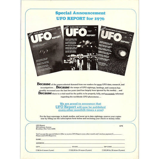 UFO Report for 1976 Order Blank 1976 Ad AG1-17