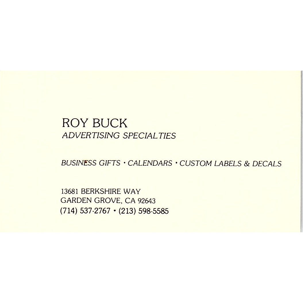 Roy Buck Advertising Specialties Garden Grove CA Vintage Business Card SE3-B16