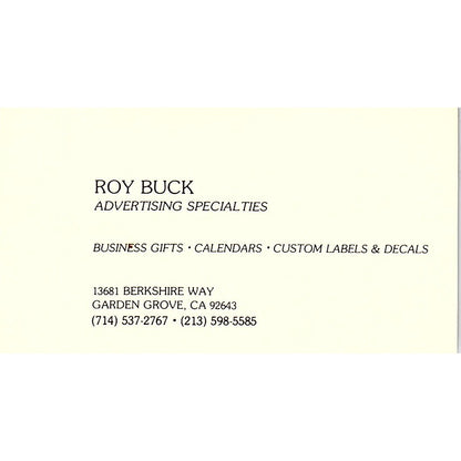 Roy Buck Advertising Specialties Garden Grove CA Vintage Business Card SE3-B16